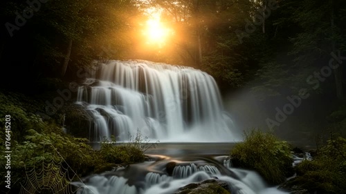 Serene waterfall cascading through lush forest at sunset, creating a tranquil atmosphere