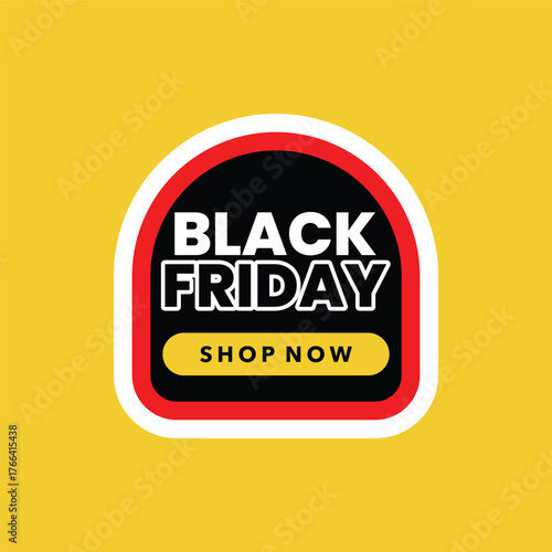 Vector label design for Black Friday sale promotion with bold typography isolated on yellow background, perfect for marketing materials, e-commerce, and advertising banners.