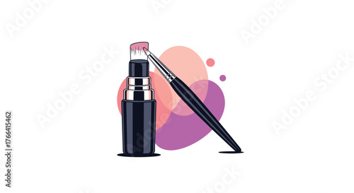 Cosmetic applicator bottle and a cosmetic brush against abstract shapes, makeup application, cosmetics, beauty, art, and design.