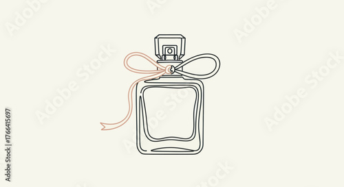Elegant perfume bottle with a pink ribbon line art illustration.