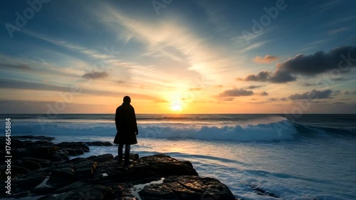 Silhouette of a person standing on rocky shore at sunset, waves crashing, serene atmosphere