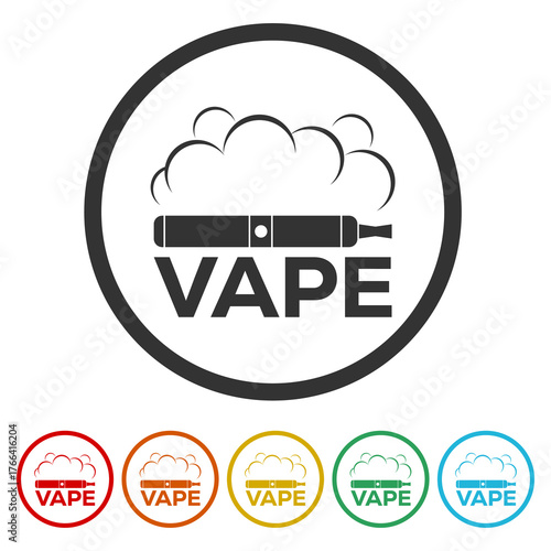 Vape pen equipment for smoking icon. Set icons in color circle buttons