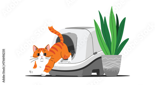 Playful ginger tabby cat joyfully emerges from its covered litter box, greeted by a lush potted plant, capturing a whimsical feline moment.