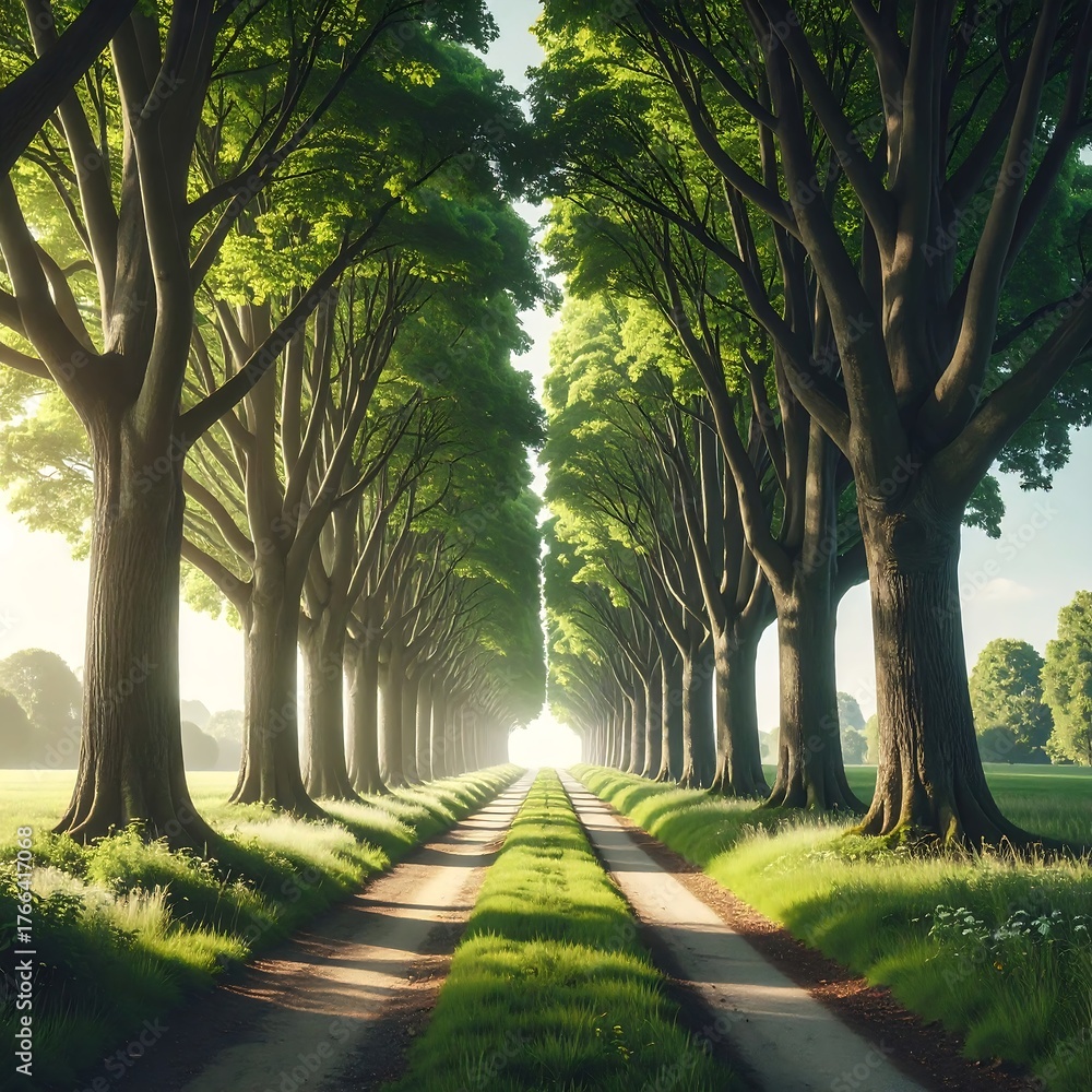 Obraz premium A sunlit path lined with tall trees, leading towards the bright horizon