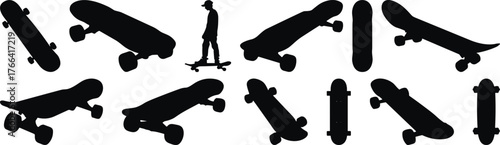 Skateboard silhouettes, rider on skateboard, black vector icons, urban sport elements, freestyle movement, skateboarding poses, isolated graphic set, editable illustration