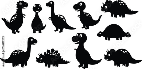 Cartoon dinosaur silhouettes, prehistoric animals, cute dinosaurs, smiling faces, playful design, kids illustration, Jurassic creatures, fun characters, educational art, reptile figures