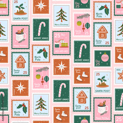 Vintage Christmas post stamp card seamless pattern. Happy Holidays cute postage stamps background. Xmas print with postage stickers. Hand drawn illustration.