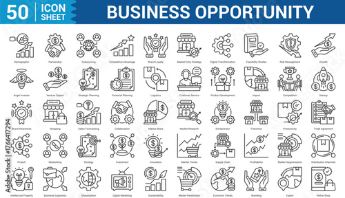 Business Opportunity Icon Set Collection Concept With Icon Of demographic, partnership, outsourcing, brand loyalty, market entry strategy, digital transformation, and more. Eps 10