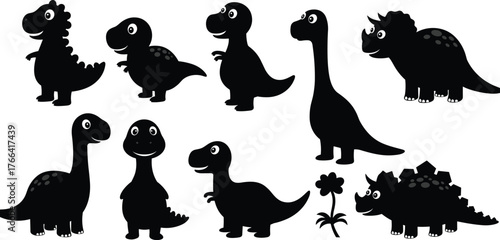 Cartoon dinosaur silhouettes, prehistoric animals, cute dinosaurs, playful design, smiling faces, kids illustration, Jurassic creatures, fun characters, flower detail, educational art