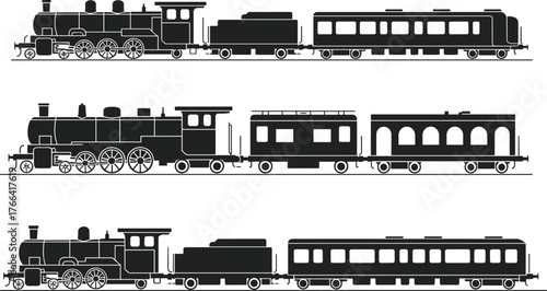 Vintage steam train silhouettes, retro locomotive vector set, classic railway transport icons, old-fashioned passenger cars, black isolated illustration, transportation clipart