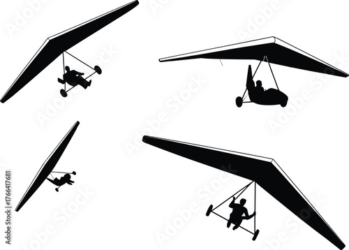 Ultralight aircraft silhouettes, powered hang gliders in flight, delta wing microlights, tricycle gear aviation, pilot control positions, aerial sport vector set
