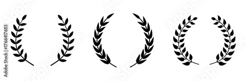 laurels icon. Set of black circular foliate laurels branches. Vector black laurels set. Emblem floral greek branch flat style