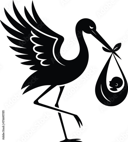 Stork carrying baby silhouette, flying bird with newborn bundle, black and white vector, birth announcement icon, maternity symbol, folklore theme