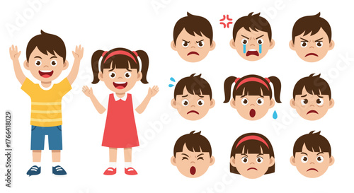 A collection of diverse facial expressions and emotions shown by children, conveying various feelings like joy, anger, sadness, and surprise