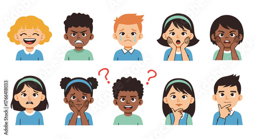 Collection of diverse cartoon children expressing a range of emotions from joy and anger to sadness and surprise, ideal for educational content