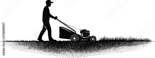 Lawn care worker mowing grass, silhouette illustration of man with lawn mower, gardening service, outdoor maintenance, landscaping job, summer yard work