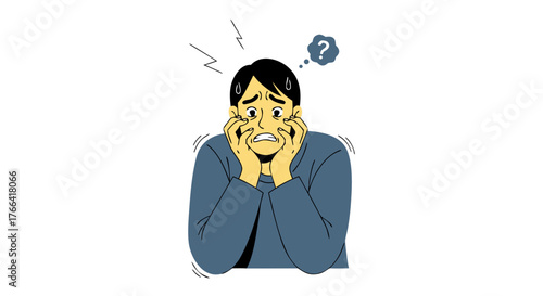 Anxiety illustration showing a person looking distressed with their hands on their face and a question mark symbolizing confusion or worry