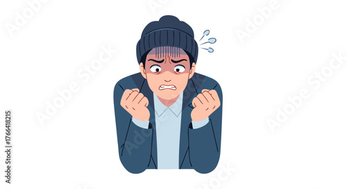 Frustrated Man Wearing A Beanie Hat and Jacket Gripping Fists With Anguished Expression Of Extreme Discomfort
