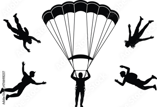 Skydiving silhouettes, parachute descent, extreme sport action, aerial jump, freefall formation, human figures in air, adventure flight, outdoor adrenaline scene