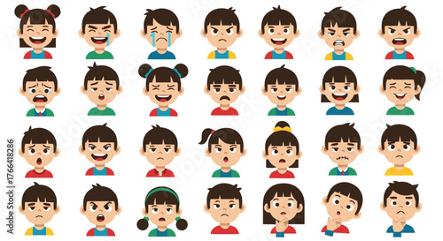 Collection of cartoon children faces expressing various emotions like happiness, sadness, anger, surprise, and fear, perfect for educational materials or design projects