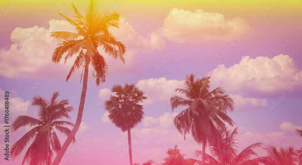 Obraz premium Summer colorful theme of pastel tropical sky with palm trees background as texture frame image 
