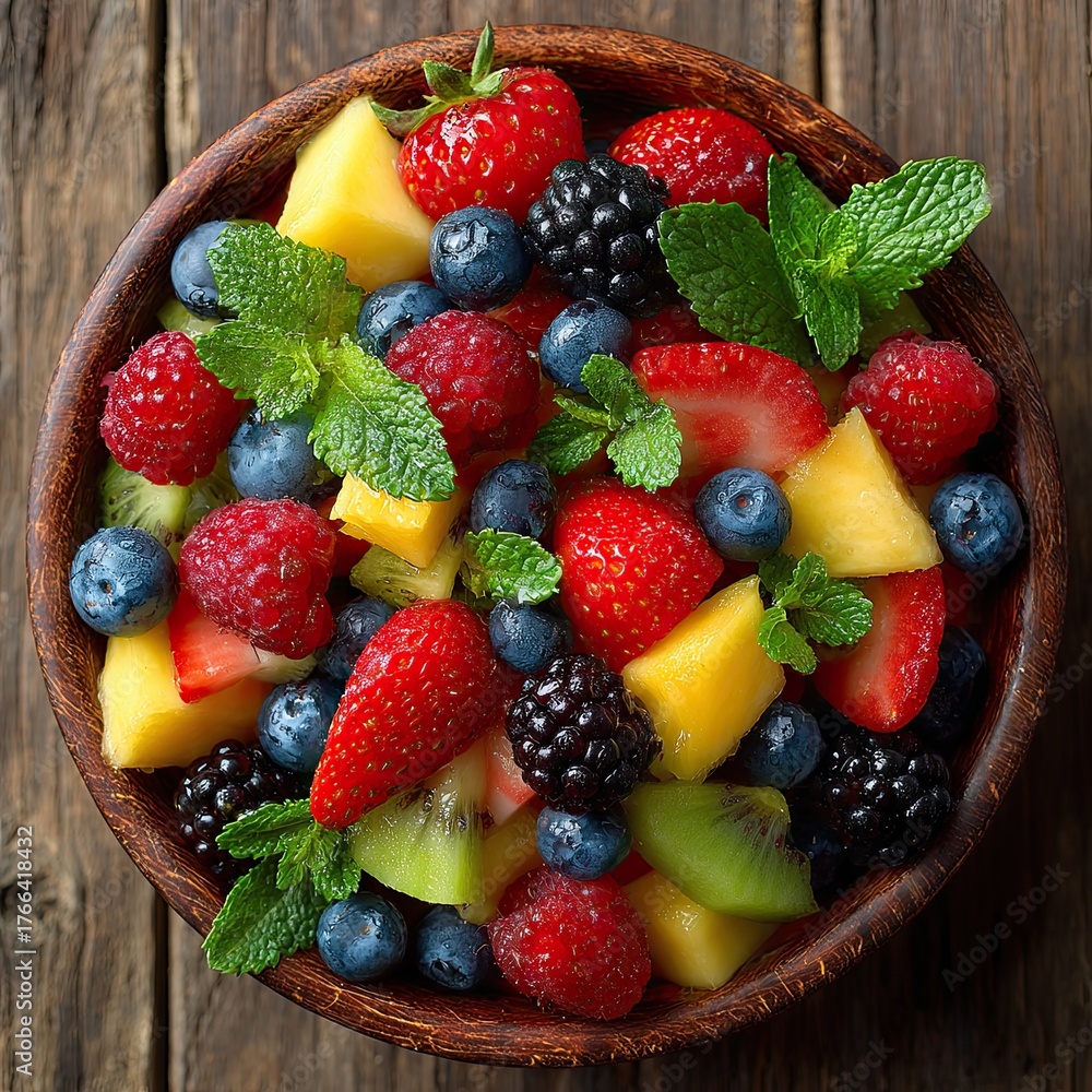 Obraz premium Fresh fruit salad on a wooden background. Top view.