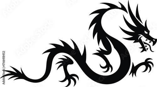 Tribal dragon silhouette vector, fierce mythical creature design, fantasy tattoo art, black spiky reptile illustration, horned beast with claws and tail