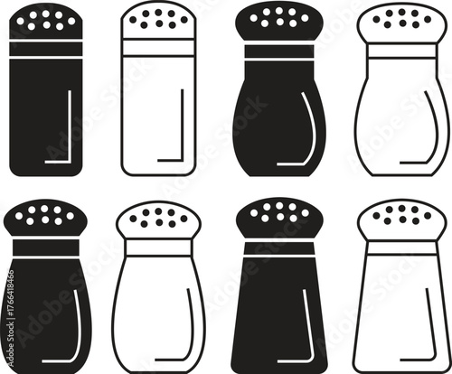 Salt shaker icon set in flat and outline styles. Seasoning container symbols, kitchen spice bottle illustration. Baking and cooking ingredient, condiment holder silhouette and utensil designs vectors.
