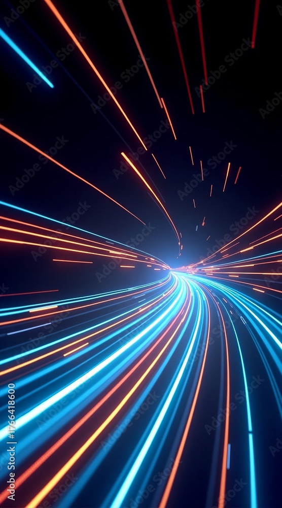 Fototapeta premium A futuristic, neon-lit tunnel of swirling blue and orange light trails against a dark backdrop, evoking speed, digital energy, and cosmic wonder. Perfect for tech or sci-fi themes.