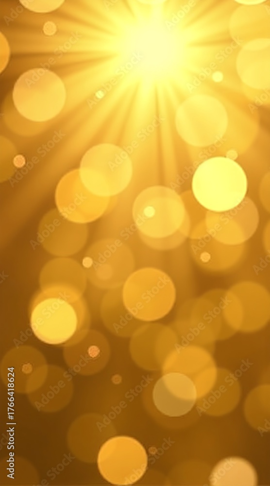 Obraz premium Golden rays burst from a radiant center, casting warm light through glowing bokeh circlesevoking celebration, magic, and inspiration.