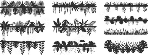 Silhouette foliage vector set, hanging plants, tropical leaves, cascading vines, black botanical elements, nature decoration, garden clipart, minimalist greenery design