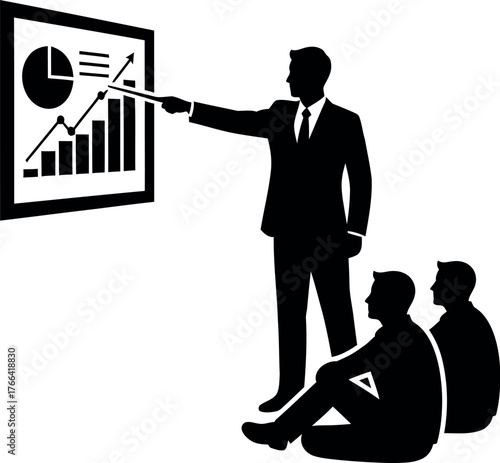 Business presentation with a speaker pointing at a financial chart and two attentive listeners