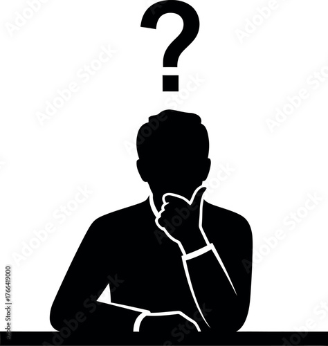 Silhouette of a person sitting at a desk with a question mark above their head contemplating a problem