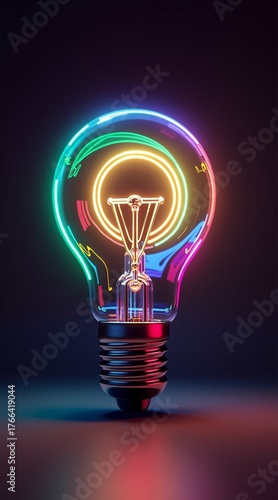 A futuristic, glowing light bulb with rainbow-colored neon filaments inside, casting vibrant reflections on a dark surface  blending retro design with cyberpunk aesthetics.