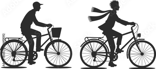 Bicycle riding silhouette, two people cycling together, outdoor motion scene, dynamic scarf movement, casual lifestyle, sporty commute, vector illustration, urban activity