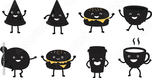 Cartoon food characters, cute snack illustration, funny pizza artwork, smiling burger design, coffee cup mascot, playful donut artwork, kids