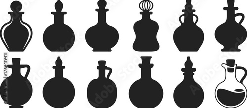 Fantasy potion bottle silhouettes, magical elixir flasks, black vector icons for game UI, alchemy design, witchcraft elements, enchanted container set