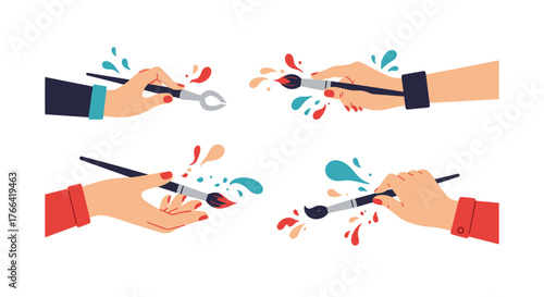 Hands holding paint brushes with colorful splatters, signifying creativity, artistic expression, and the joy of painting and creation.