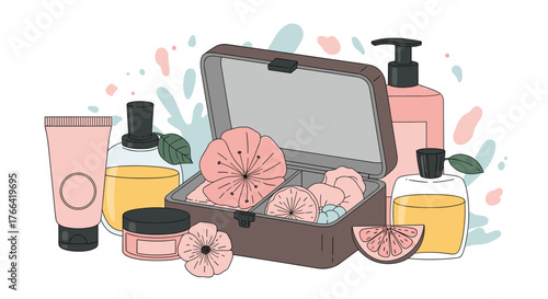 Cosmetic products, skincare, and flowers in a case, suitable for beauty and personal care concepts or as a decorative element.