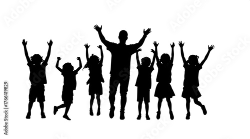 Celebration Silhouette

A group of children in silhouette raising their arms or jumping, with one adult standing calmly among them. Black figures on white background, minimalist and balanced compositi