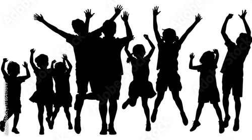Celebration Silhouette

A group of children in silhouette raising their arms or jumping, with one adult standing calmly among them. Black figures on white background, minimalist and balanced compositi
