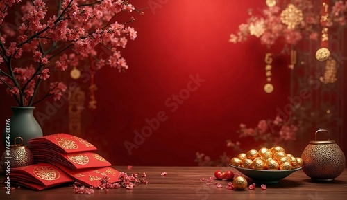 Chinese New Year Decoration with Red Envelopes and Gold Ornaments