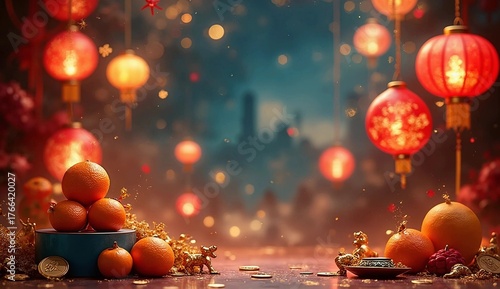 Lunar New Year Celebration with Oranges and Red Lanterns