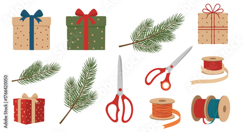 Festive wrapping supplies and gifts for winter holidays, with present boxes, ribbon, scissors, and evergreen branches set against a white background.