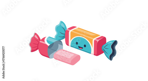 Cartoon illustration featuring wrapped candies, one open to reveal the gum inside, ideal for sweets or confectionery related content.