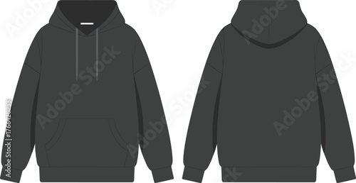 Dark hoodie mockup, front and back view, drawstring hood fashion flat, kangaroo pocket, ribbed cuff design, vector illustration