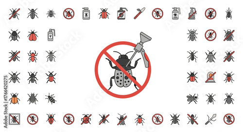 Pest control icons depict the prevention and elimination of insects harmful to crops using pesticides and other methods.