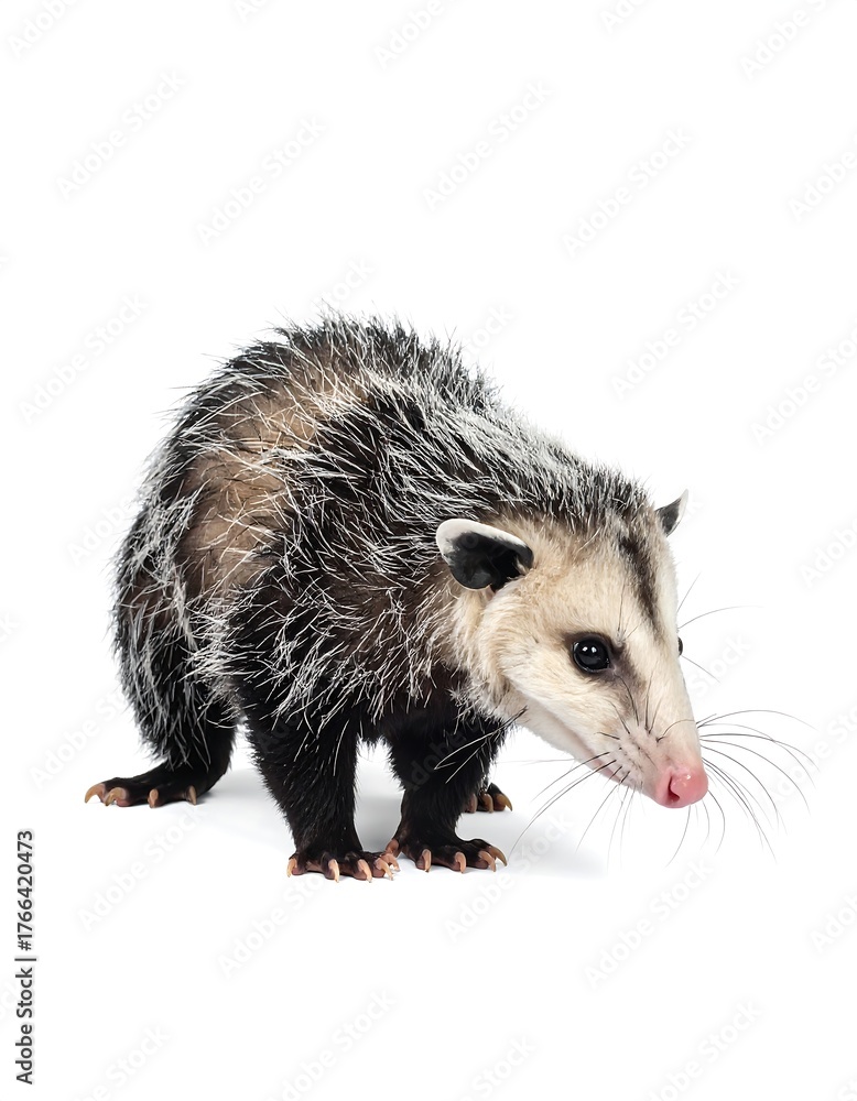 Naklejka premium A close-up of a opossum standing on a plain white background