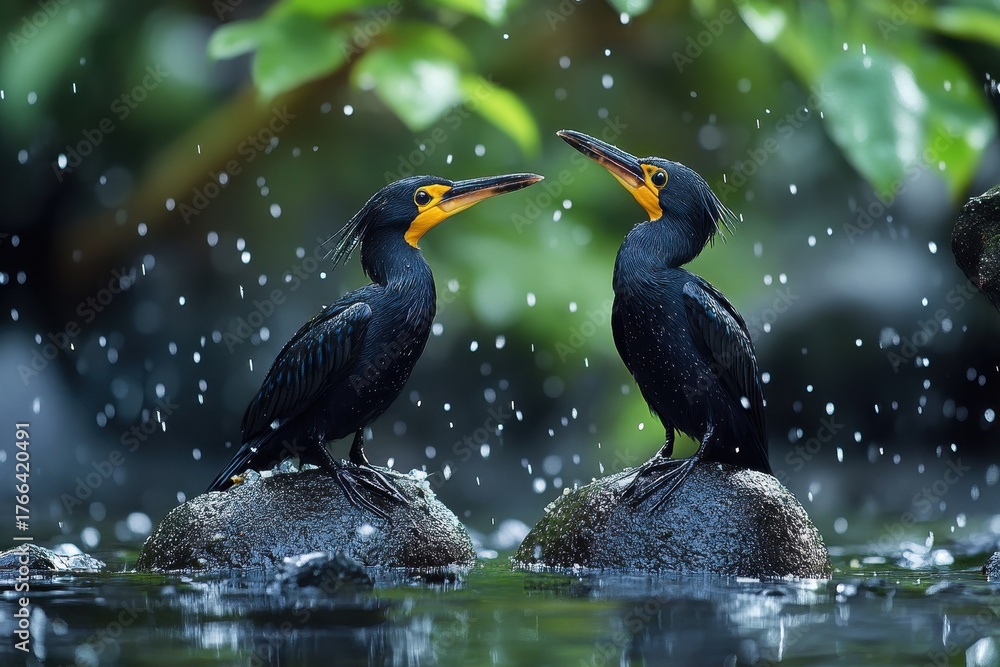 Fototapeta premium Birds perched on rocks in gentle rain, showcasing their glossy feathers and vibrant colors in a serene natural setting