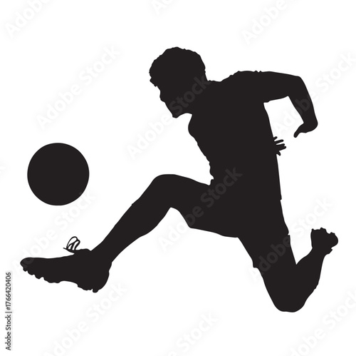 Soccer Player Silhouette Kicking Ball, Isolated on White Background.